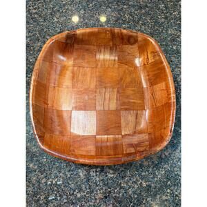 Vintage Square Wood Serving Bowl Checkerboard Pattern 11.5"